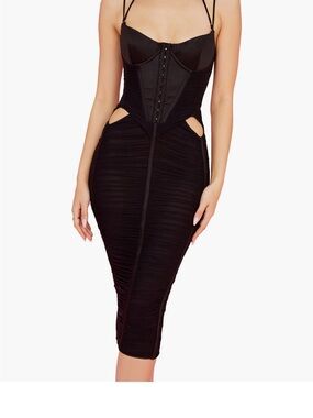 House of CB Black Ruched Corset Midi Dress with Side Cutouts